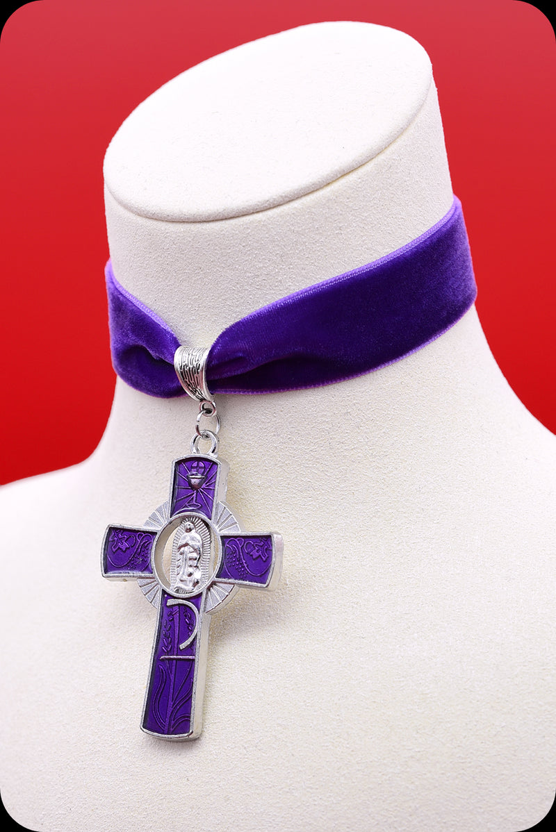 A purple velvet silver cross choker necklace by Scorpio Rising