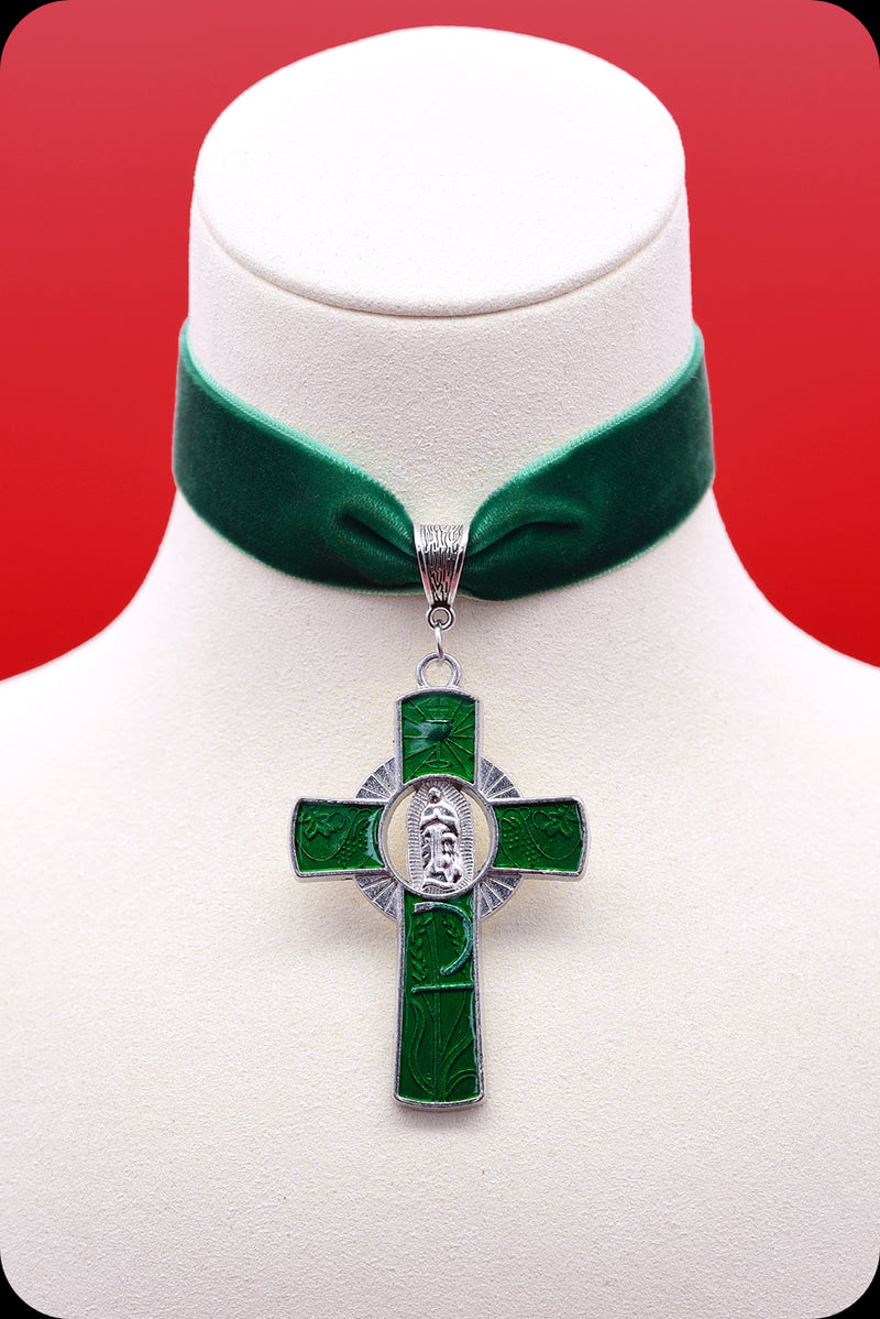  A green velvet silver cross choker necklace by Scorpio Rising