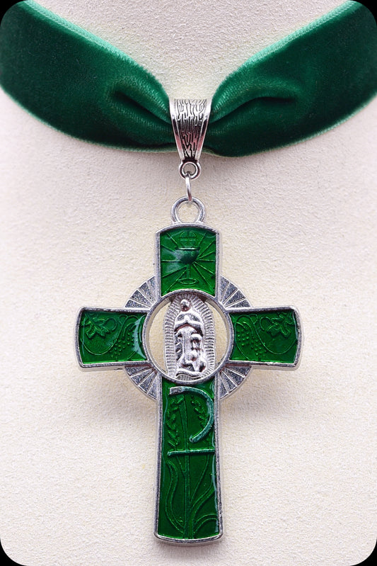  A green velvet silver cross choker necklace by Scorpio Rising