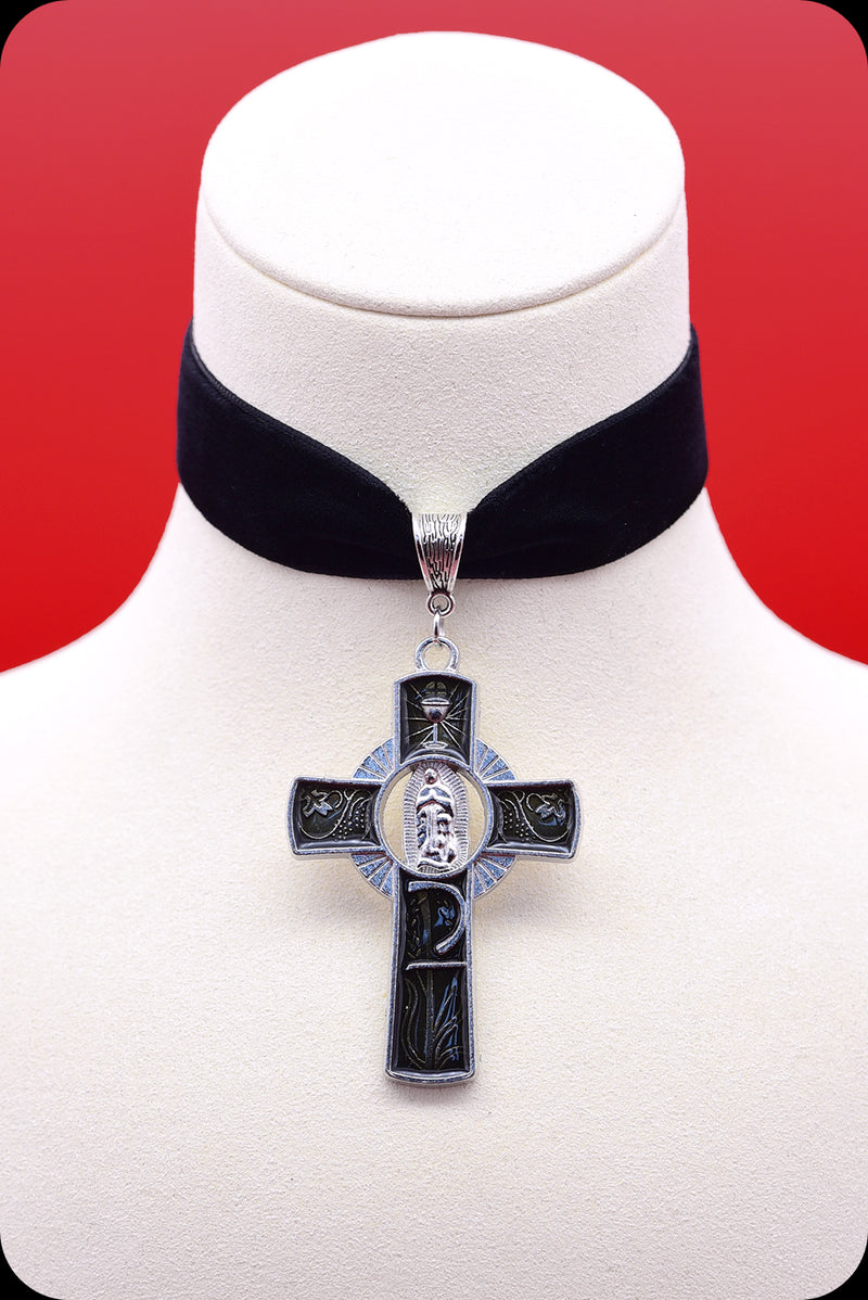  A black velvet silver cross choker necklace by Scorpio Rising