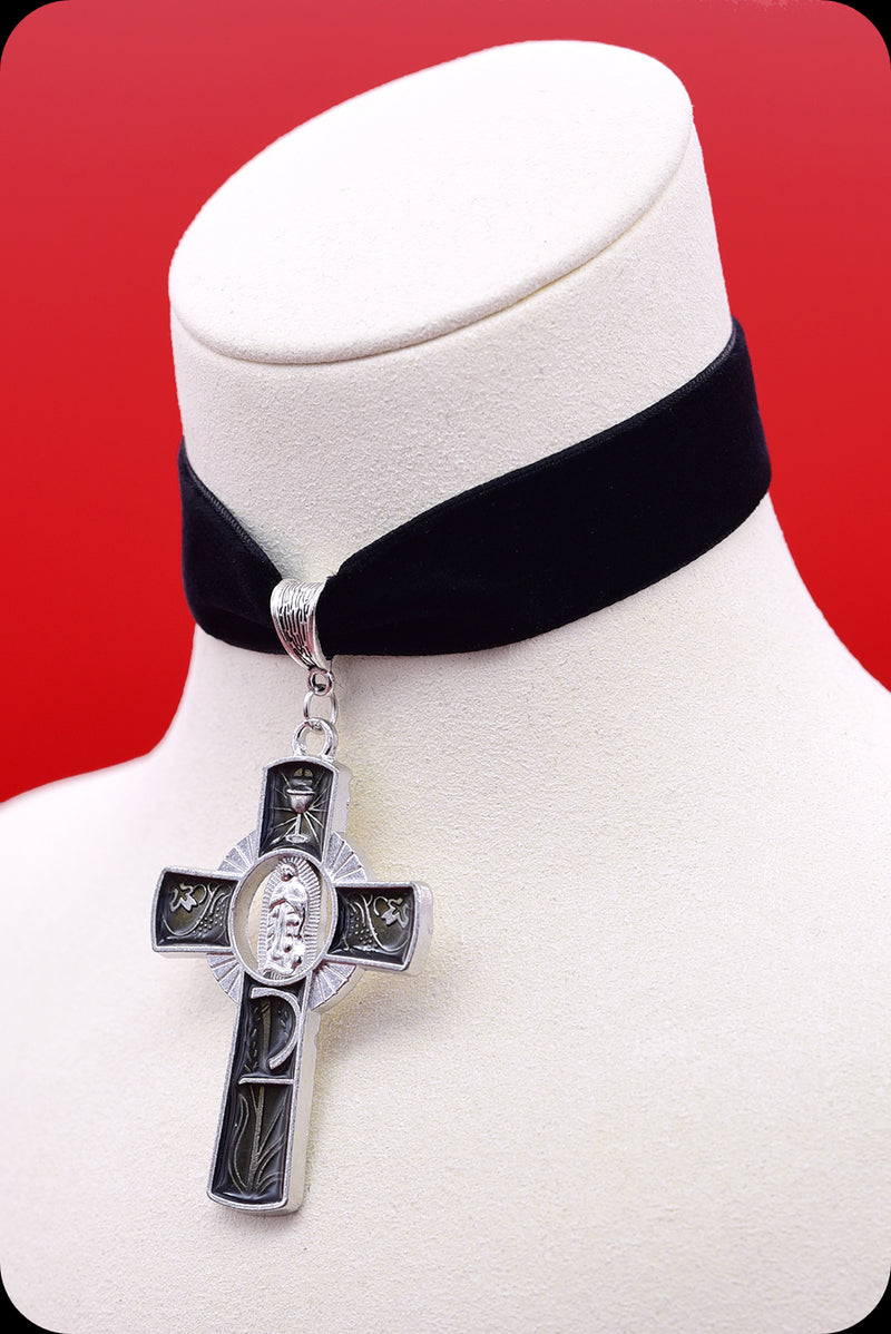  A black velvet silver cross choker necklace by Scorpio Rising