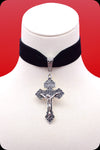  A black velvet antique silver crucifix choker necklace by Scorpio Rising