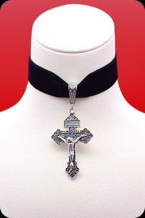  A black velvet antique silver crucifix choker necklace by Scorpio Rising