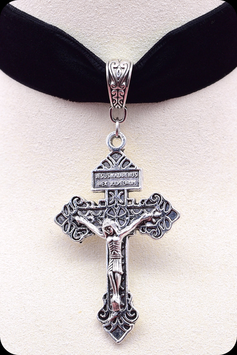  A black velvet antique silver crucifix choker necklace by Scorpio Rising