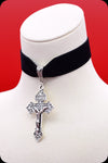 A black velvet antique silver crucifix choker necklace by Scorpio Rising