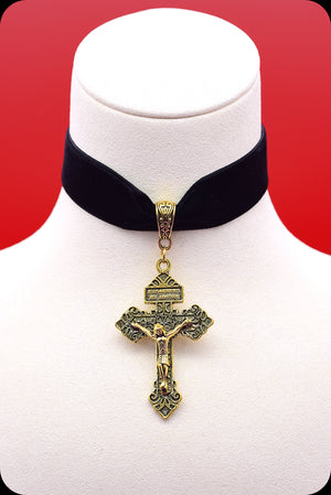 A black velvet antique gold crucifix choker necklace by Scorpio Rising