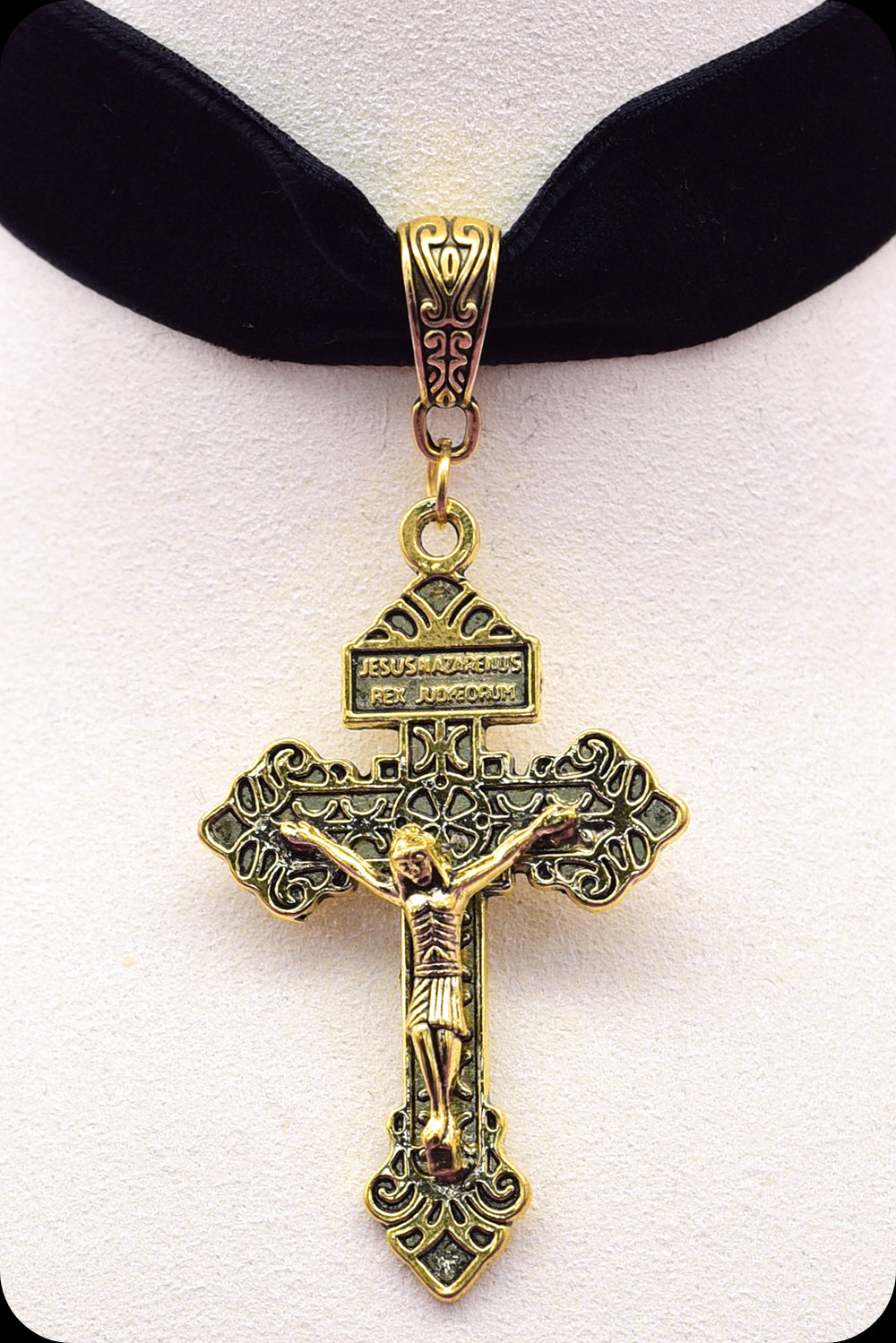  A black velvet antique gold crucifix choker necklace by Scorpio Rising