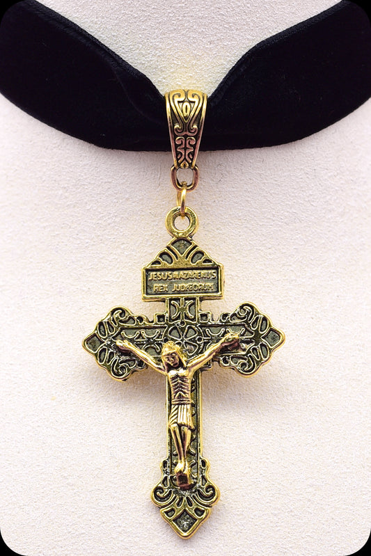  A black velvet antique gold crucifix choker necklace by Scorpio Rising