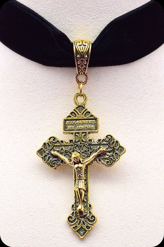  A black velvet antique gold crucifix choker necklace by Scorpio Rising