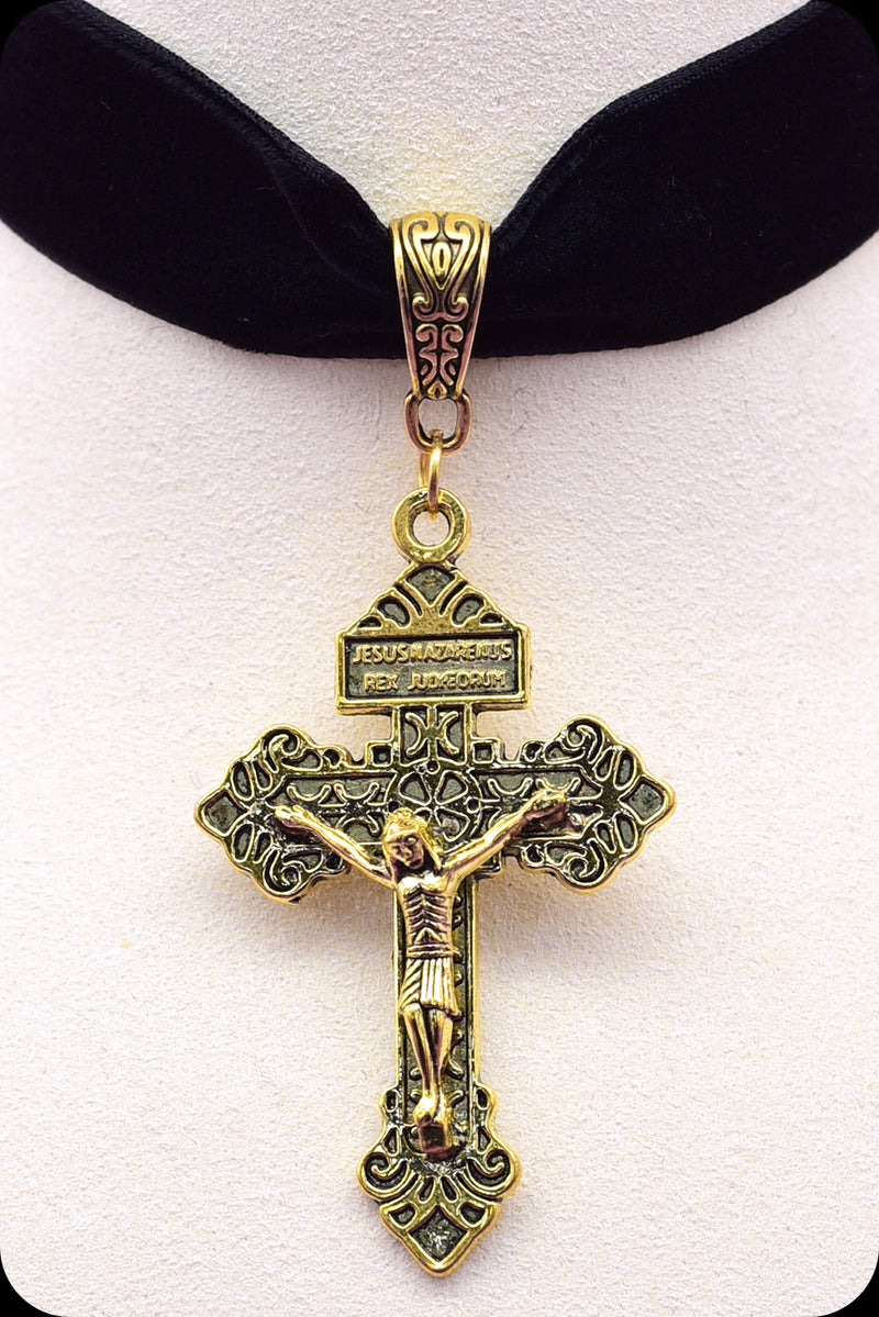 A black velvet antique gold crucifix choker necklace by Scorpio Rising