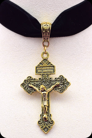  A black velvet antique gold crucifix choker necklace by Scorpio Rising