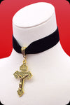  A black velvet antique gold crucifix choker necklace by Scorpio Rising