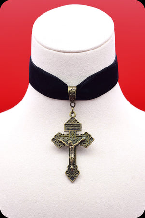 A black velvet antique brass crucifix choker necklace by Scorpio Rising