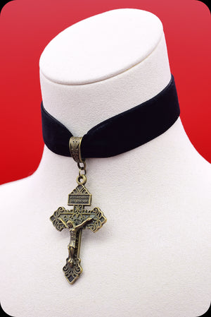 A black velvet antique brass crucifix choker necklace by Scorpio Rising