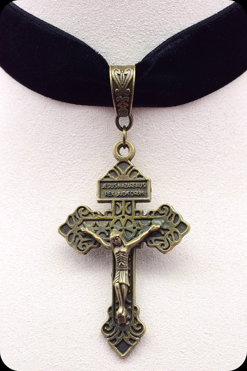 A black velvet antique brass crucifix choker necklace by Scorpio Rising