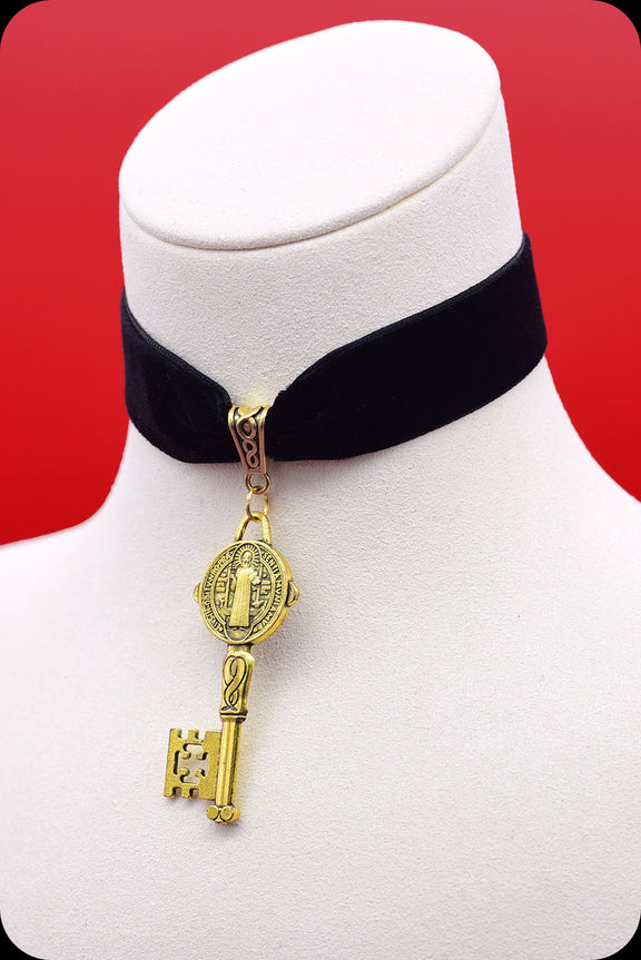 A black velvet antique gold key choker necklace by Scorpio Rising