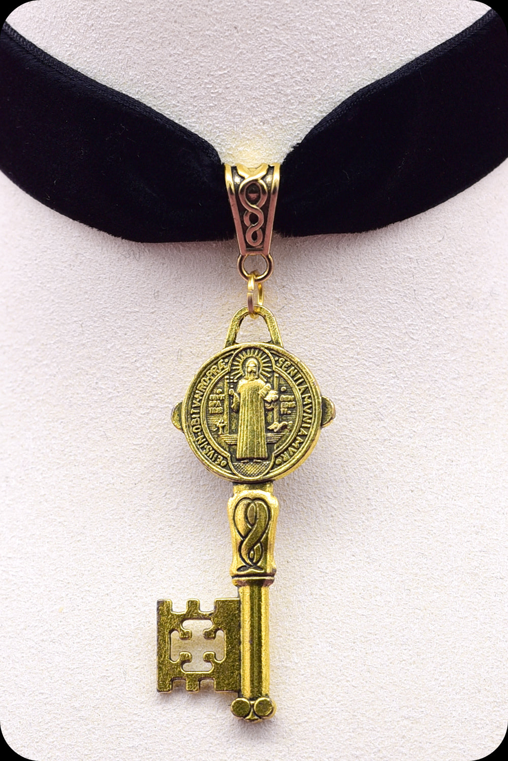 A black velvet antique gold key choker necklace by Scorpio Rising