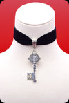 A black velvet antique silver key choker necklace by Scorpio Rising