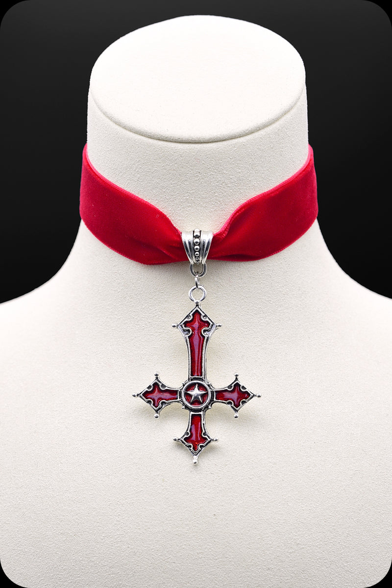 A red velvet silver satanic cross choker necklace by Scorpio Rising