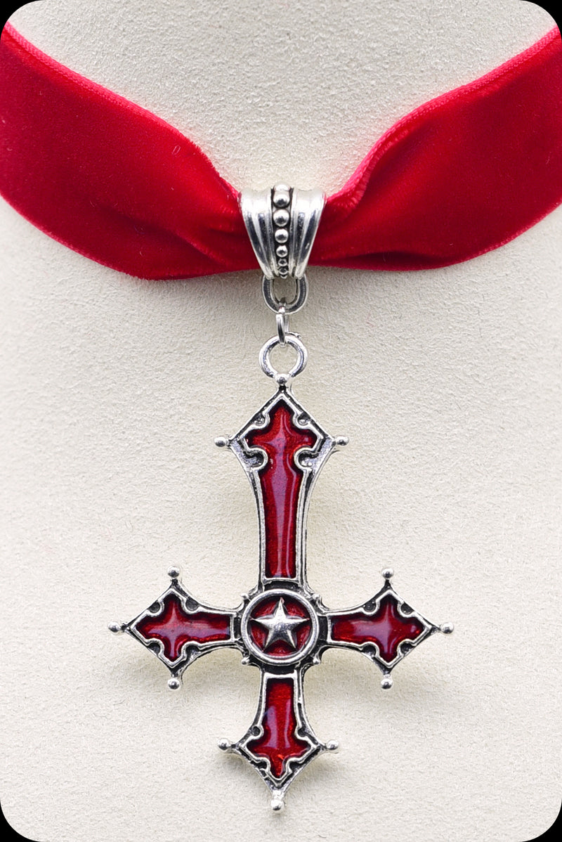A red velvet silver satanic cross choker necklace by Scorpio Rising