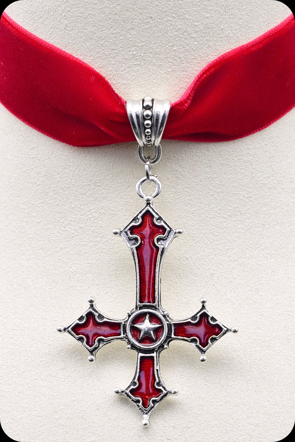 SATANIC CROSS Silver Red Velvet Choker Necklace Scorpio Rising
