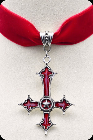A red velvet silver satanic cross choker necklace by Scorpio Rising