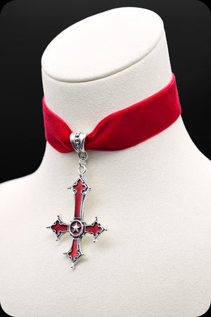 A red velvet silver satanic cross choker necklace by Scorpio Rising