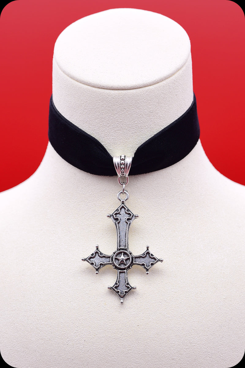 A black velvet silver satanic cross choker necklace by Scorpio Rising