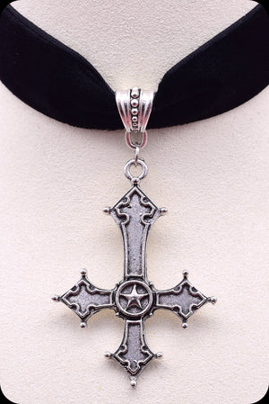 A black velvet silver satanic cross choker necklace by Scorpio Rising