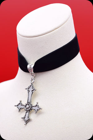 A black velvet silver satanic cross choker necklace by Scorpio Rising