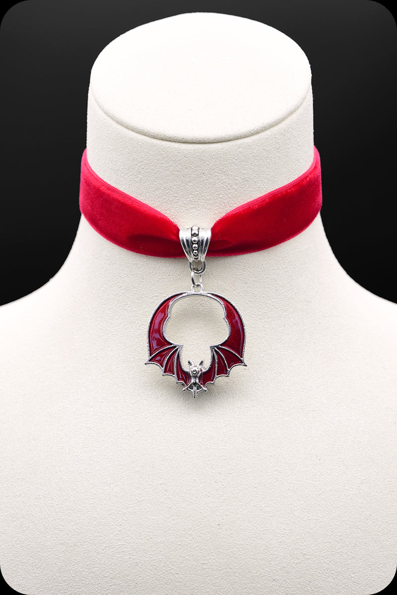 A red velvet silver bat choker necklace by Scorpio Rising