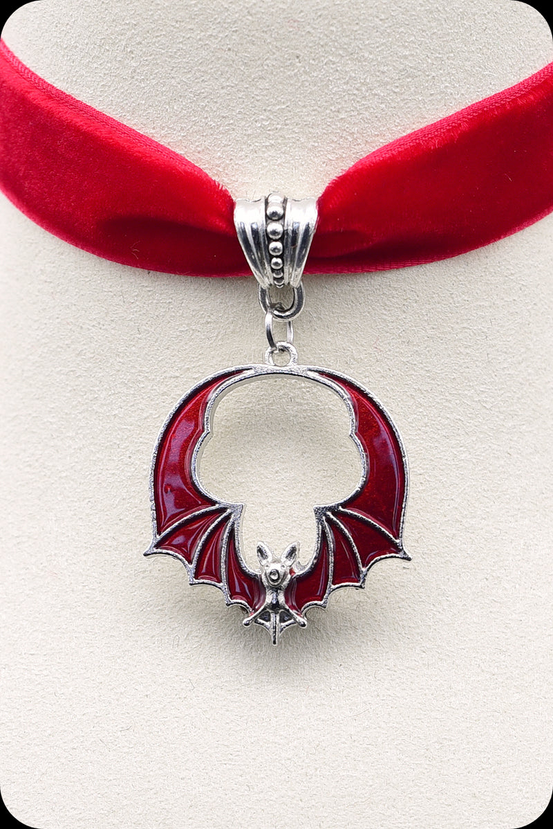 A red velvet silver bat choker necklace by Scorpio Rising