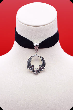 A black velvet silver bat choker necklace by Scorpio Rising