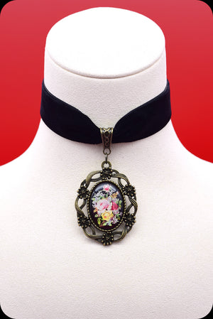 A black velvet antique brass rose cameo choker necklace by Scorpio Rising