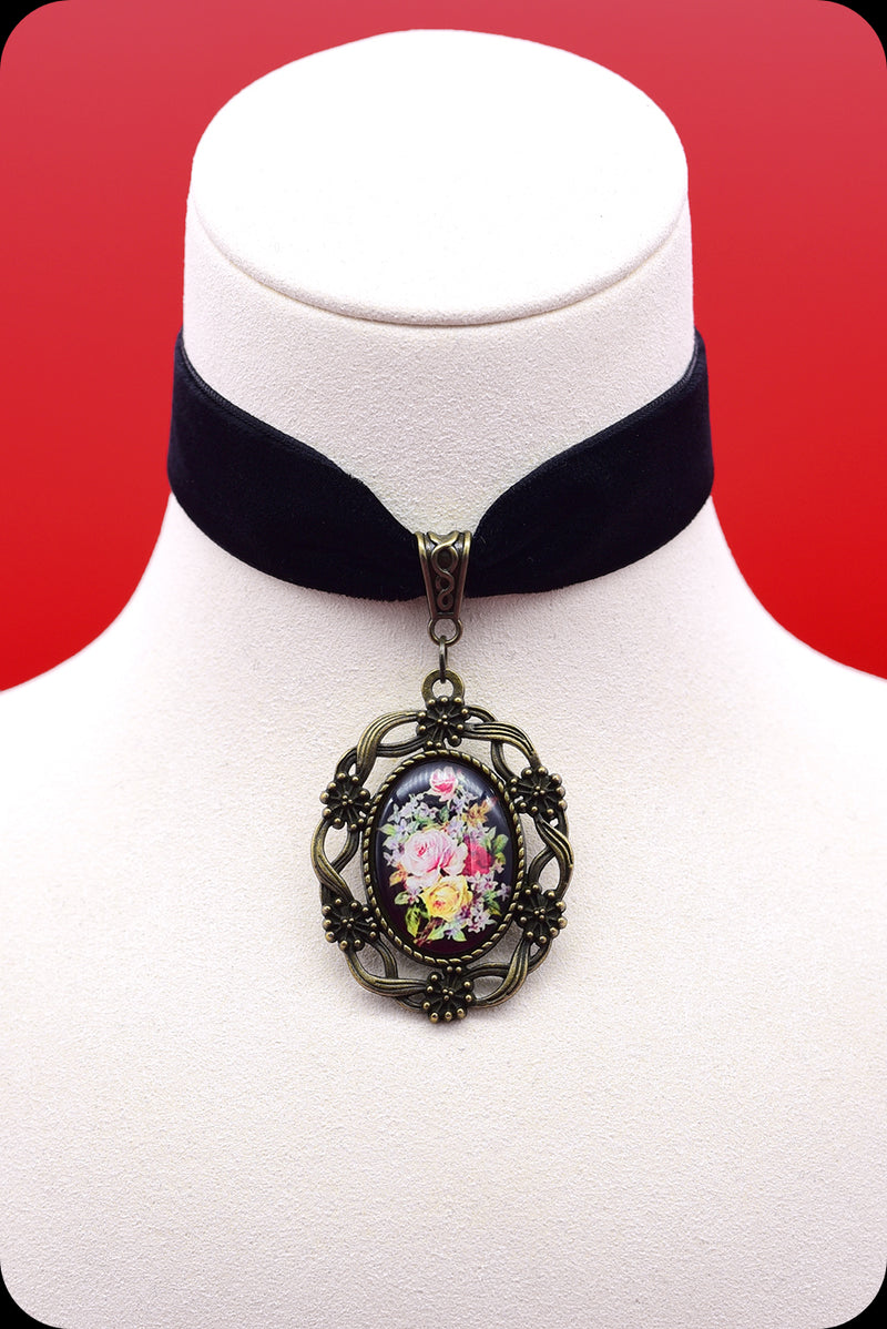 A black velvet antique brass rose cameo choker necklace by Scorpio Rising