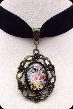 A black velvet antique brass rose cameo choker necklace by Scorpio Rising