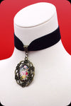 A black velvet antique brass rose cameo choker necklace by Scorpio Rising