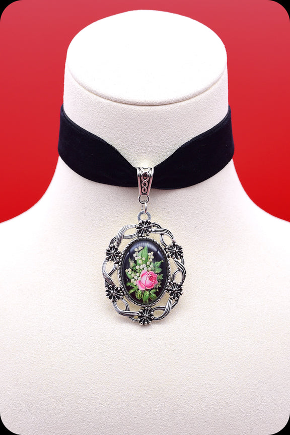 A black velvet antique silver rose cameo choker necklace by Scorpio Rising