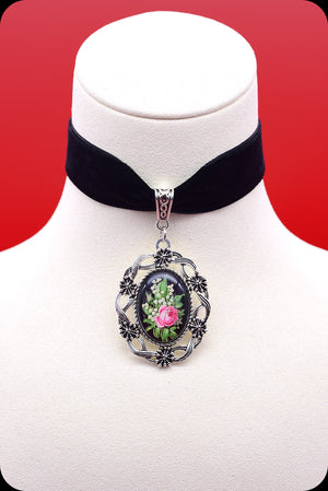 A black velvet antique silver rose cameo choker necklace by Scorpio Rising