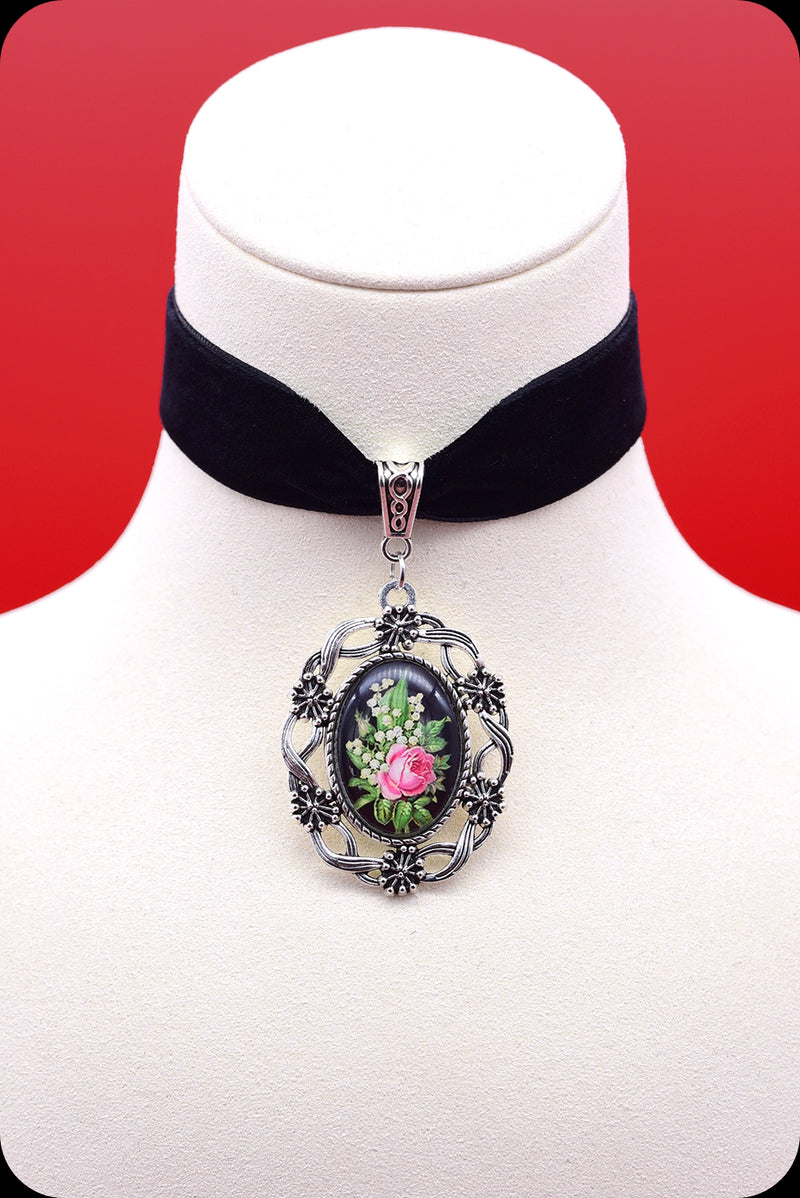 A black velvet antique silver rose cameo choker necklace by Scorpio Rising