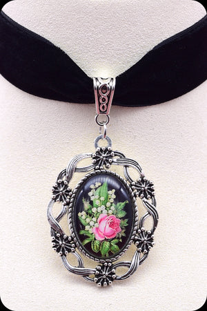 A black velvet antique silver rose cameo choker necklace by Scorpio Rising