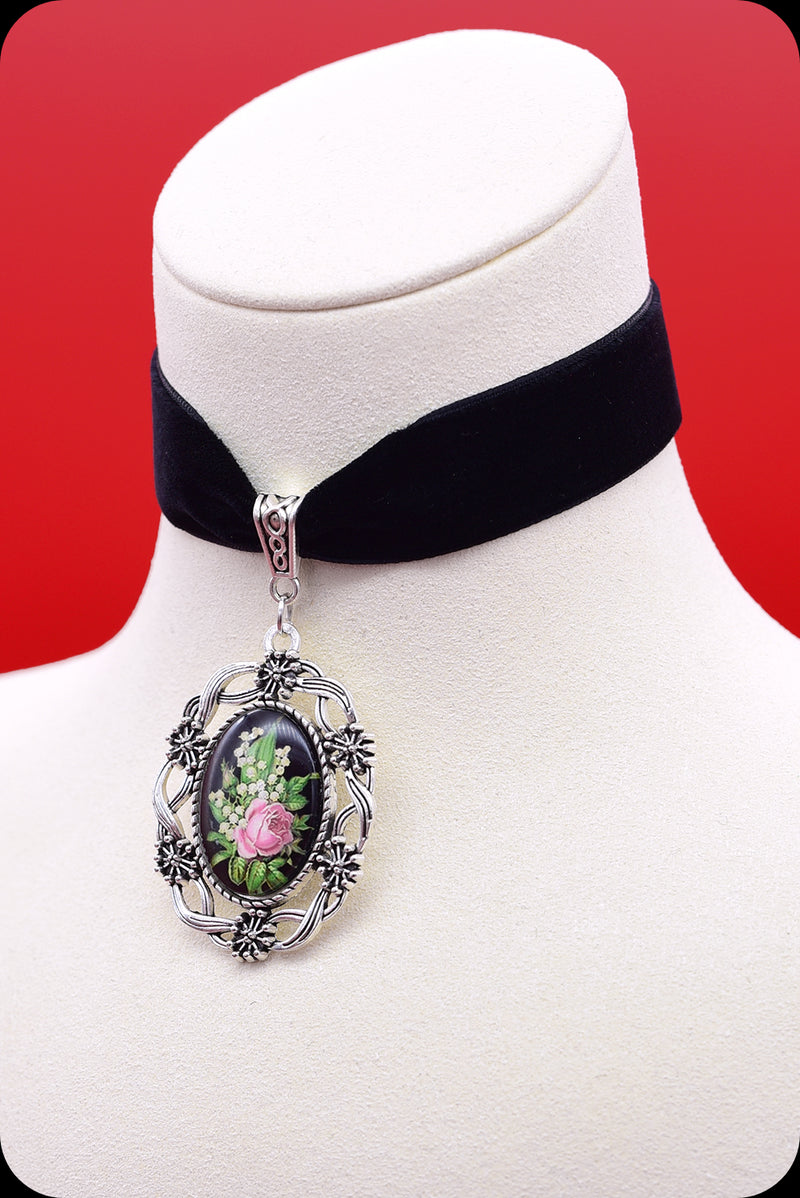 A black velvet antique silver rose cameo choker necklace by Scorpio Rising