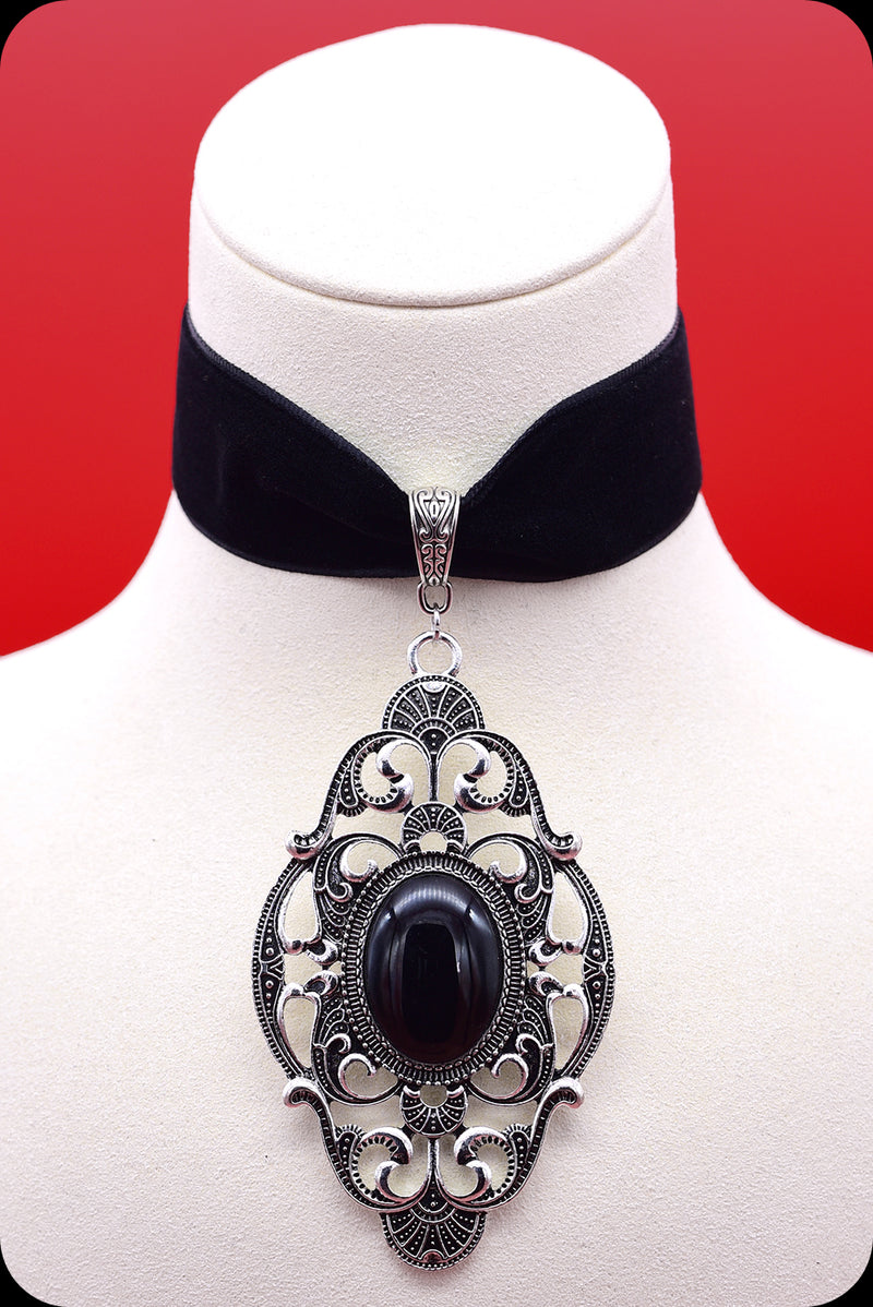 A black velvet antique silver black cabochon choker necklace by Scorpio Rising