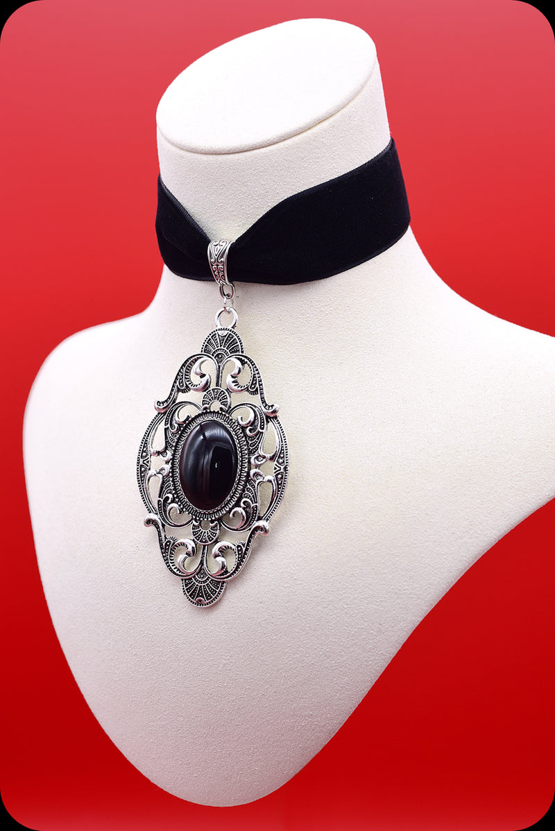 A black velvet antique silver black cabochon choker necklace by Scorpio Rising