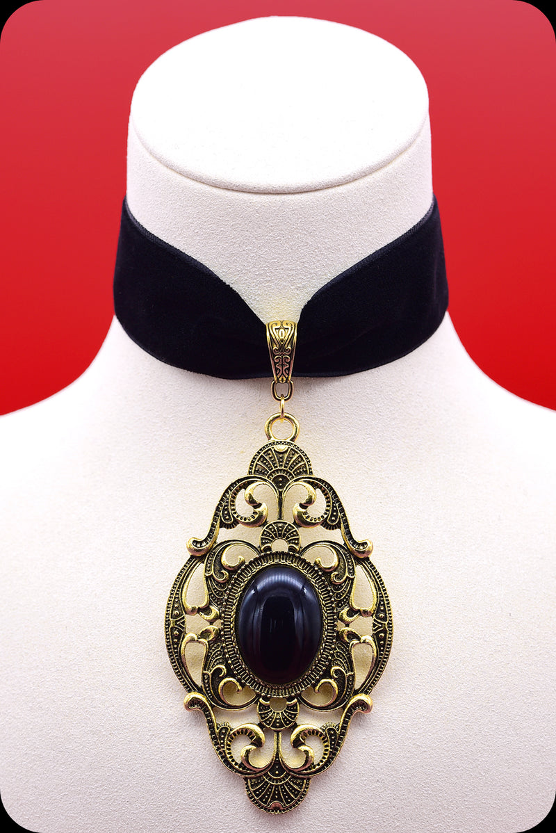 A black velvet antique gold black cabochon choker necklace by Scorpio Rising