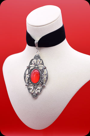 A black velvet antique silver red cabochon choker necklace by Scorpio Rising
