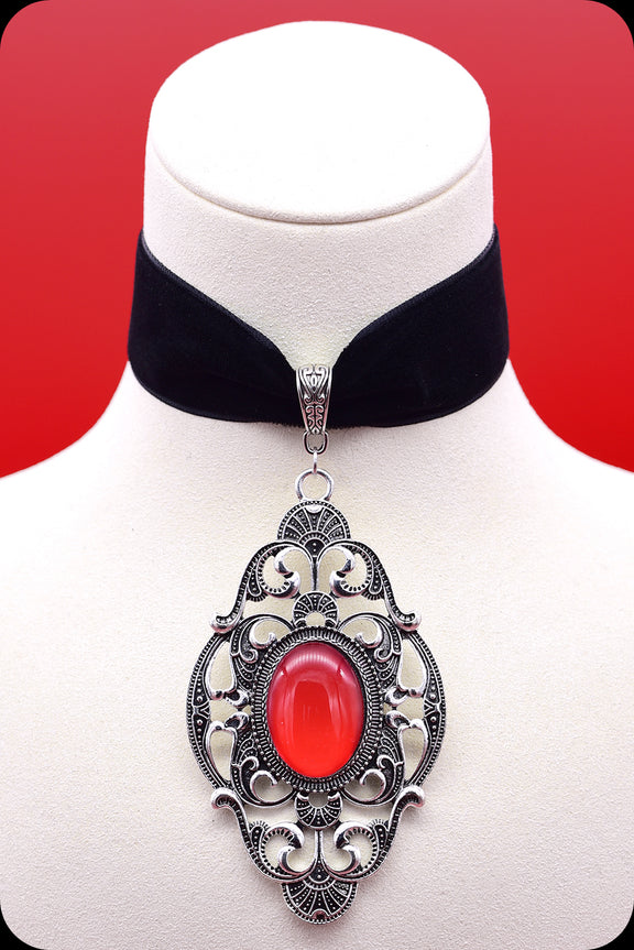 A black velvet antique silver red cabochon choker necklace by Scorpio Rising