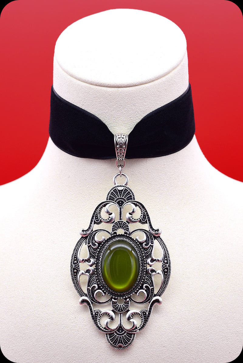 A black velvet antique silver green cabochon choker necklace by Scorpio Rising