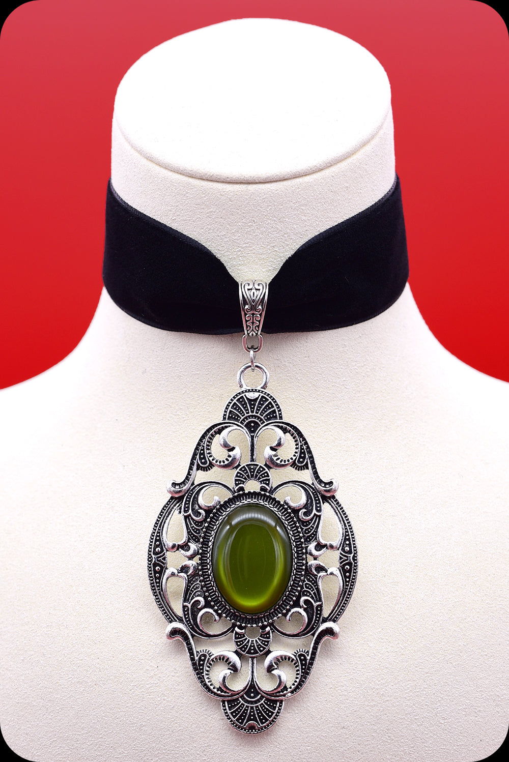A black velvet antique silver green cabochon choker necklace by Scorpio Rising