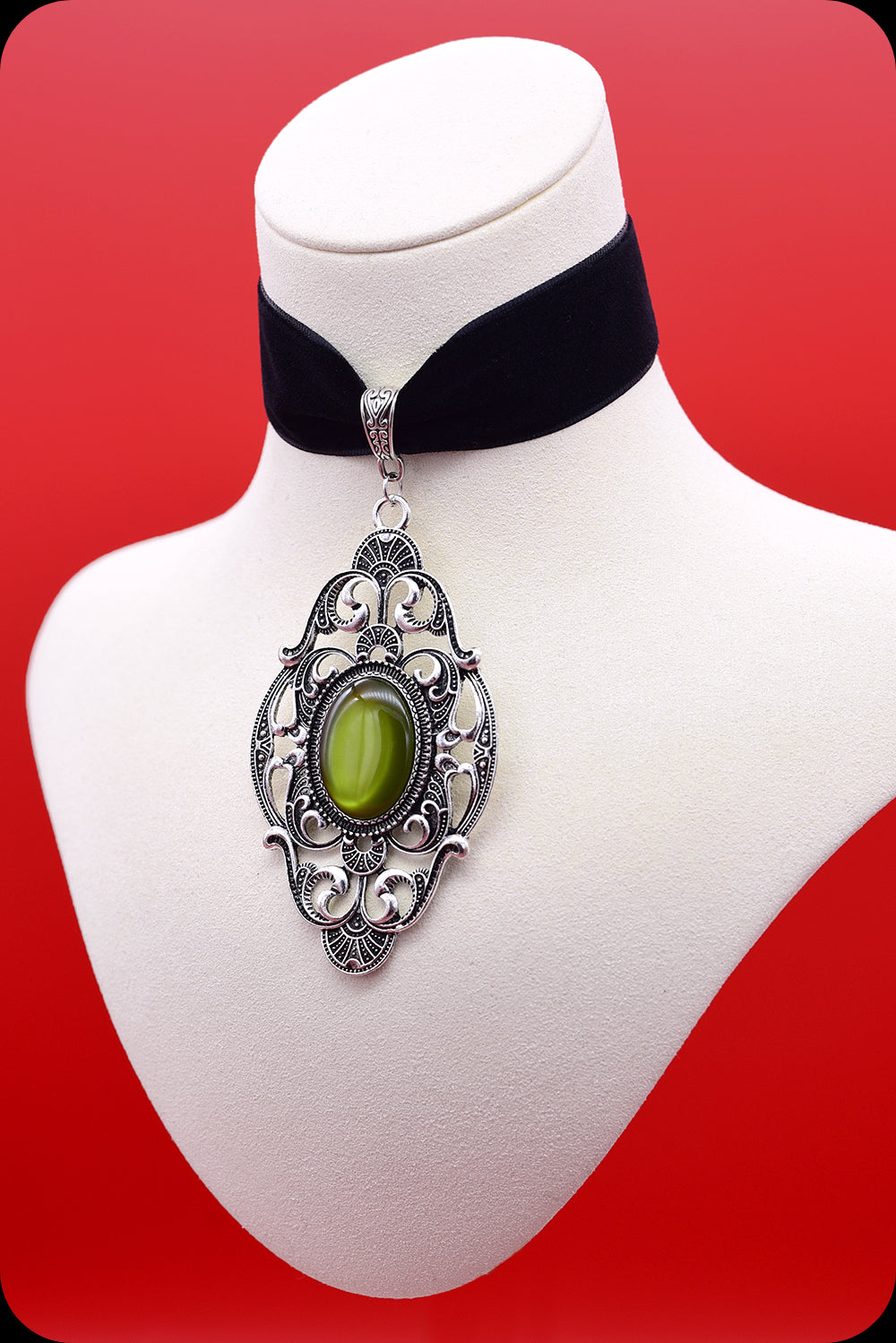A black velvet antique silver green cabochon choker necklace by Scorpio Rising
